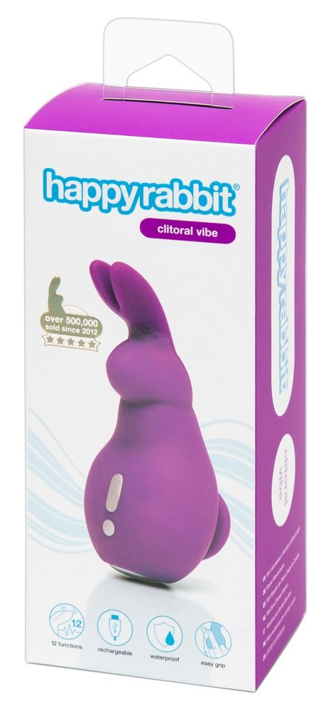 Verpackung von happyrabbit Clitoral Vibe. Lila Vibrator in Hasenform. Text: 12 Funktionen, wiederaufladbar, wasserdicht, Easy Grip.