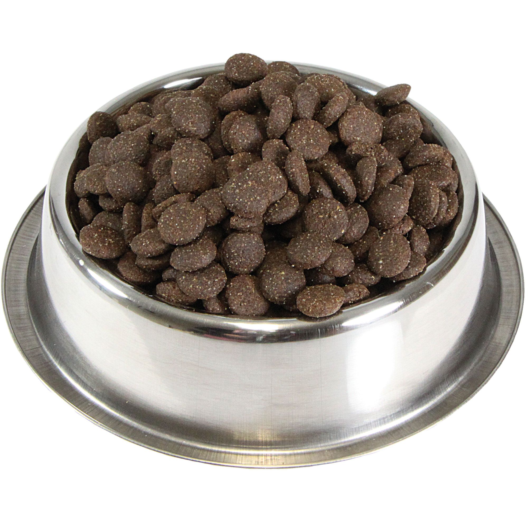 Edelstahlnapf gefüllt mit braunen, runden Trockenfutter-Pellets. Viele kleine, runde Pellets mit hellen Punkten.