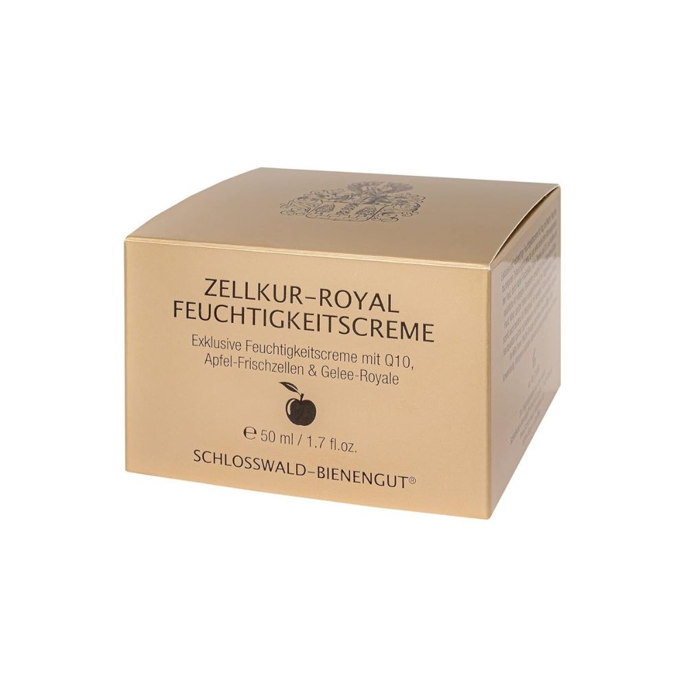 Goldfarbener Karton mit Aufschrift: ZELLKUR-ROYAL Feuchtigkeitscreme. Exklusive Feuchtigkeitscreme mit Q10, Apfel-Frischzellen & Gelee-Royale. Mit Logo.
