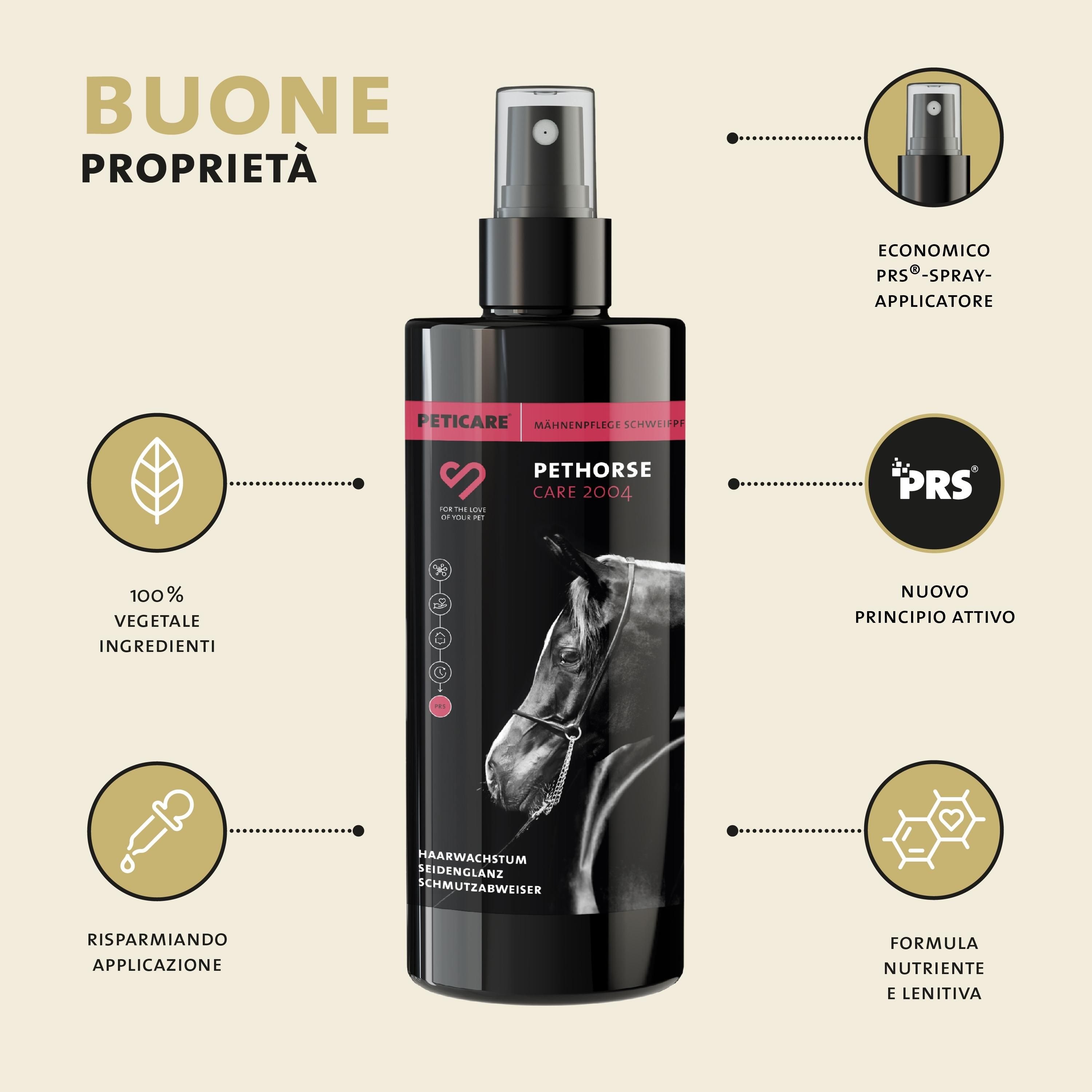 Schwarze Flasche mit Sprühkopf. Text: Pethorse Care 2004. Haarwachstum, Seidenglanz, Schmutzabweiser.