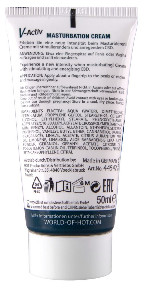 Rückseite der Tube. Enthält Informationen zu Inhaltsstoffen und Anwendung. 50ml.