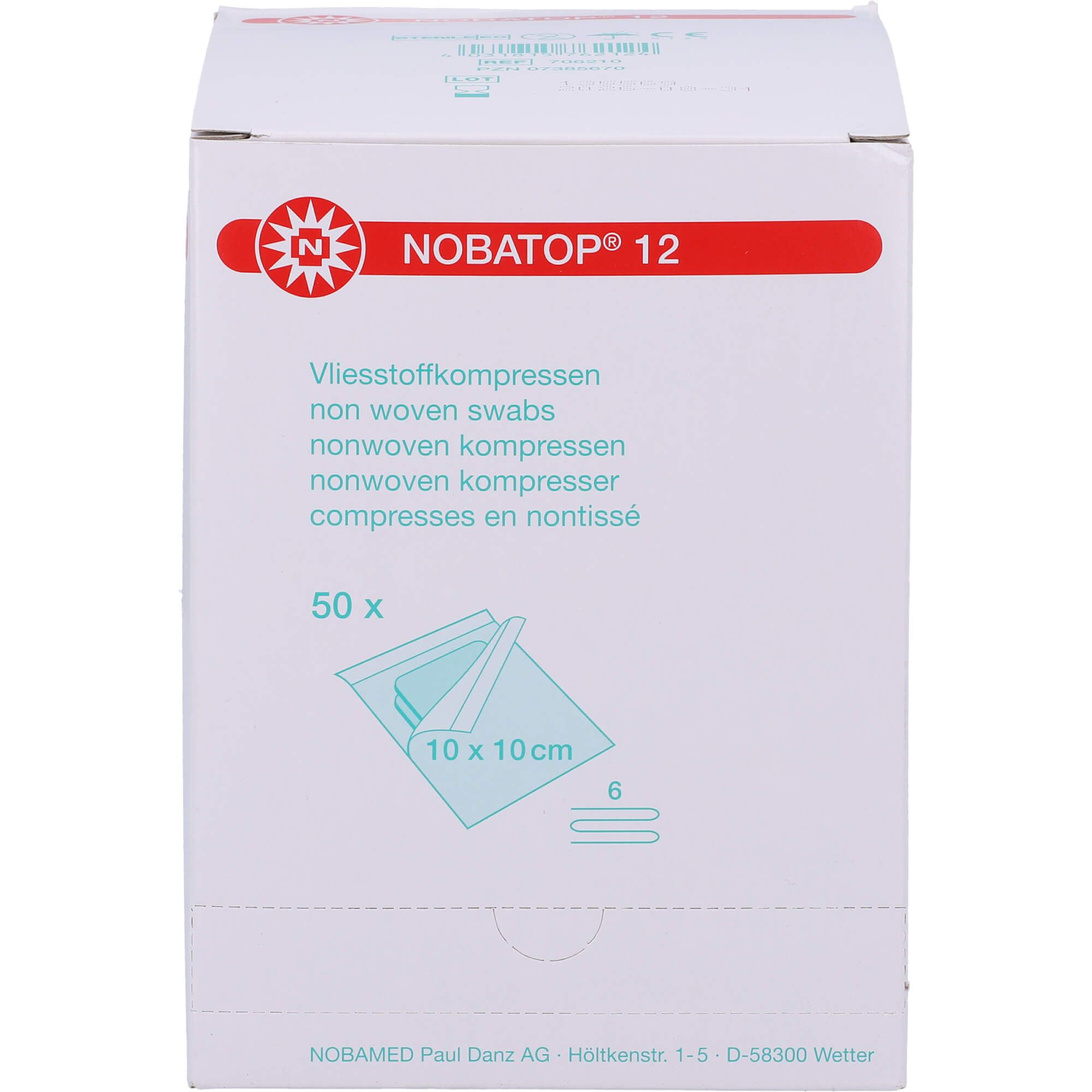 Weiße Box mit roter Aufschrift NOBATOP 12. Enthält 50 sterile Kompressen, 10x10cm. Text in Deutsch, Englisch, Niederländisch und Französisch.