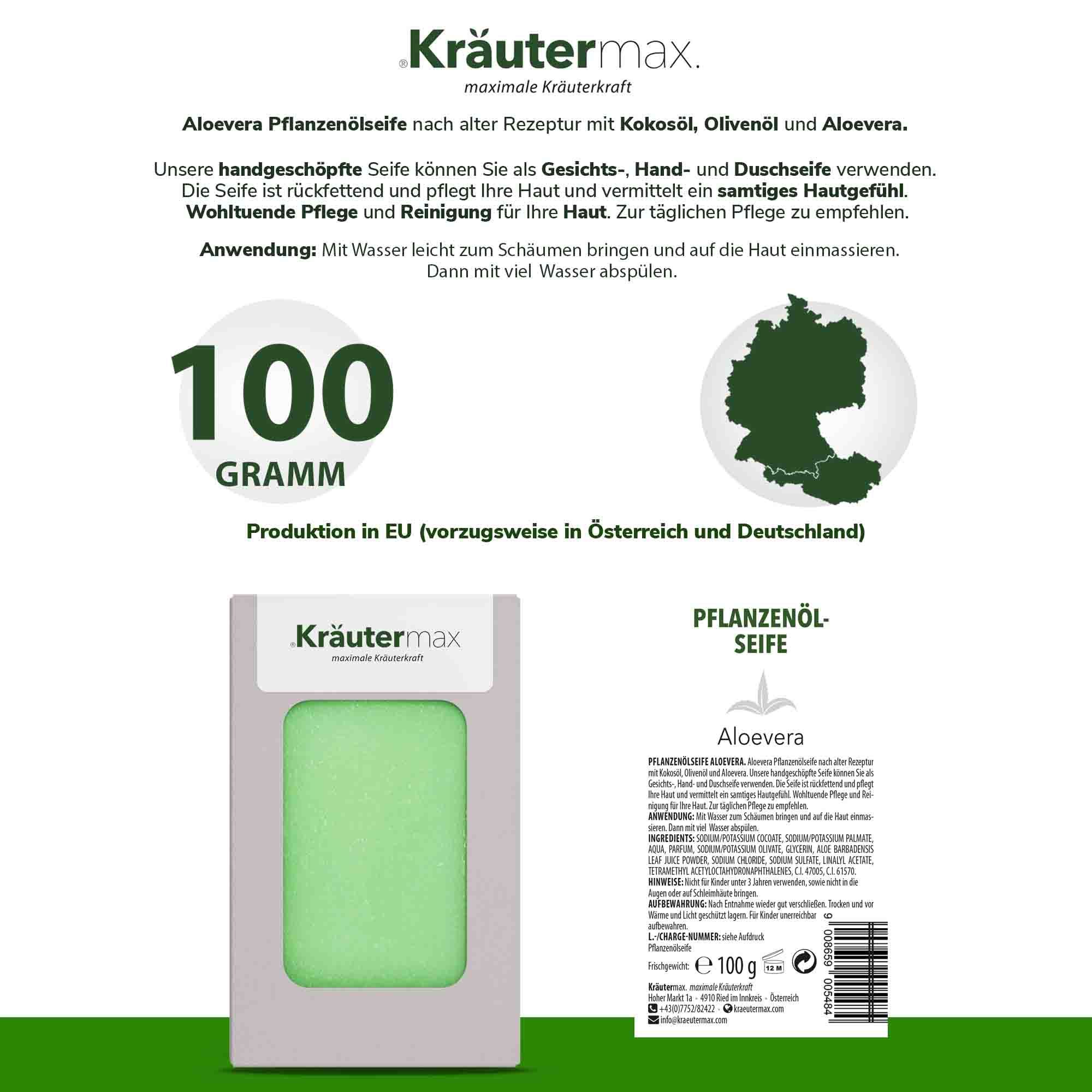 Rückseite der Verpackung mit Kräutermax Pflanzenölseife. Textinformationen und ein grünes Seifenstück.