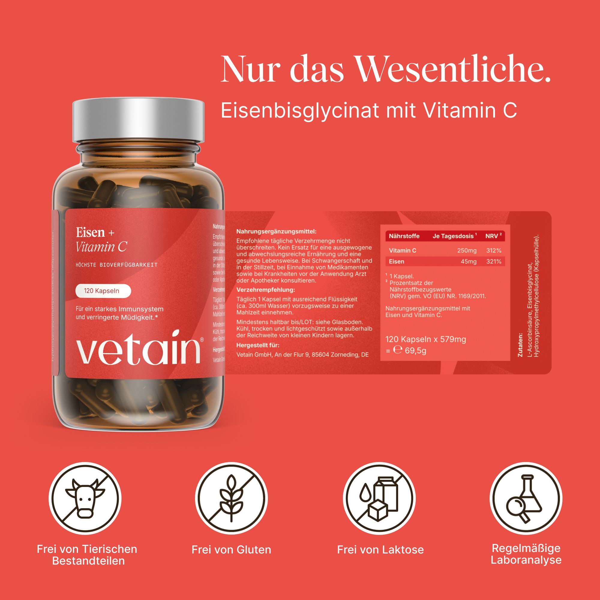 VETAIN Eisen hochdosiert - 45mg Eisenbisglycinat + 250mg Vitamin C pro Kapsel – 4 Monate Vorrat