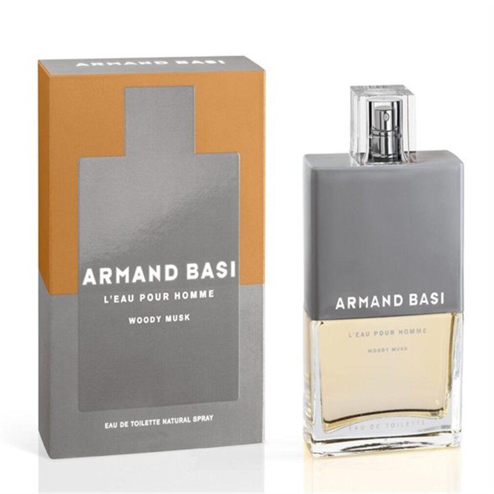 Armand Basi l'Eau Pour Homme Flakon und Verpackung. Rechteckiger Flakon neben rechteckiger Schachtel. Graue und orangefarbene Elemente.
