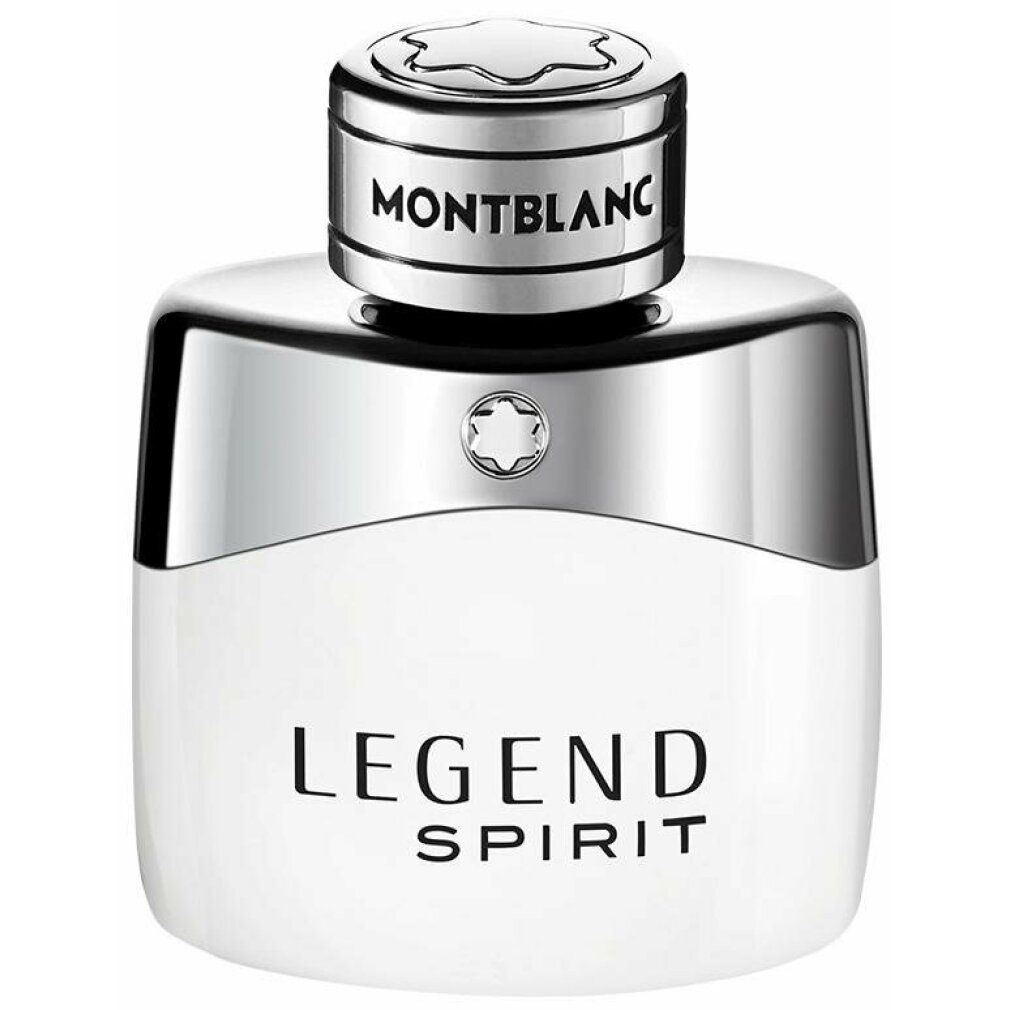 Weißer Flakon mit silberner Kappe. Aufschrift: LEGEND SPIRIT. Flakonform: quadratisch.