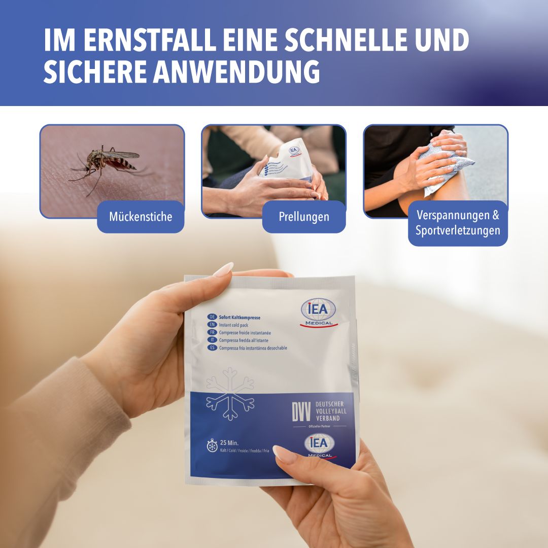 Hände halten Kühlpack. Text: Im Ernstfall schnelle Anwendung. Bilder: Mückenstiche, Prellungen, Verspannungen.