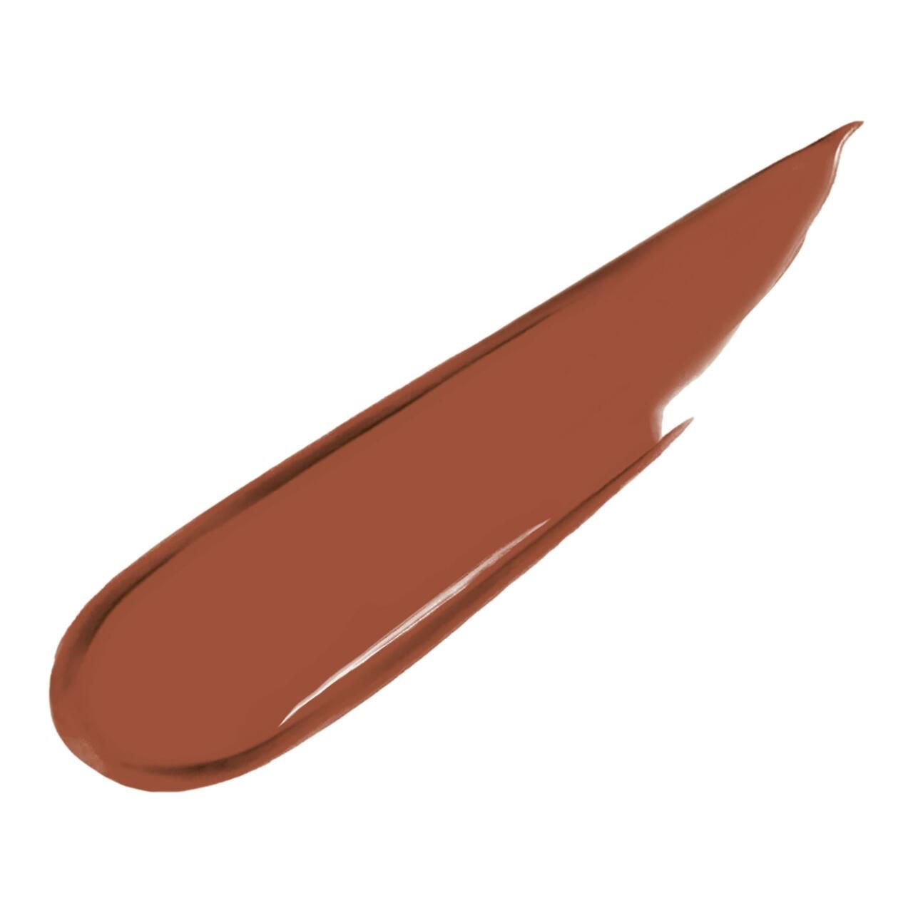 Brauner Lippenstift-Swirl auf weißem Hintergrund. Die Textur ist cremig und glänzend.