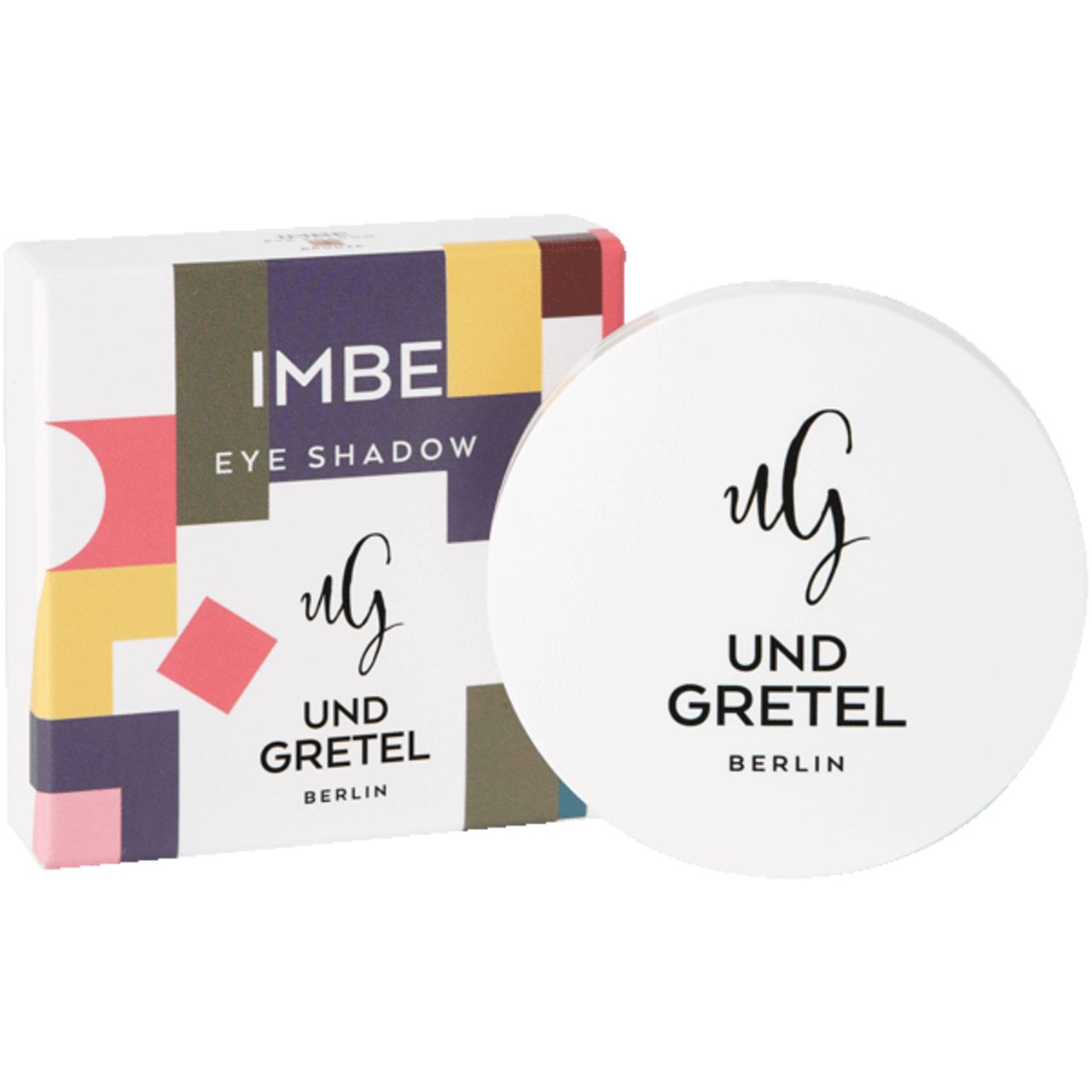 Lidschatten-Verpackung mit Produkt und Karton. Auf dem Karton steht IMBE EYE SHADOW und UND GRETEL BERLIN. Der Lidschatten ist rund und weiß.