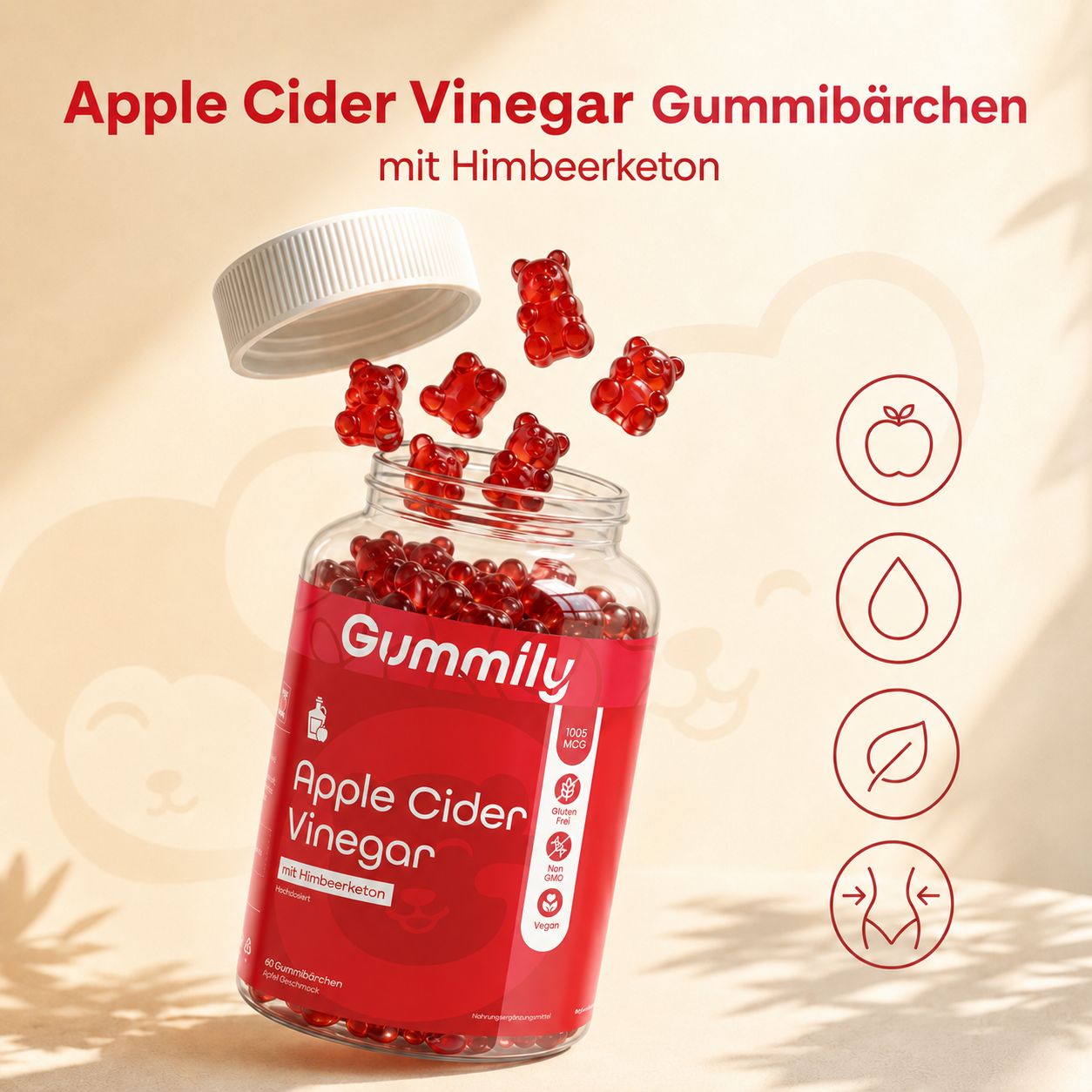 Gummily Apfelessig Gummibärchen Flasche mit herausfallenden Gummibärchen.