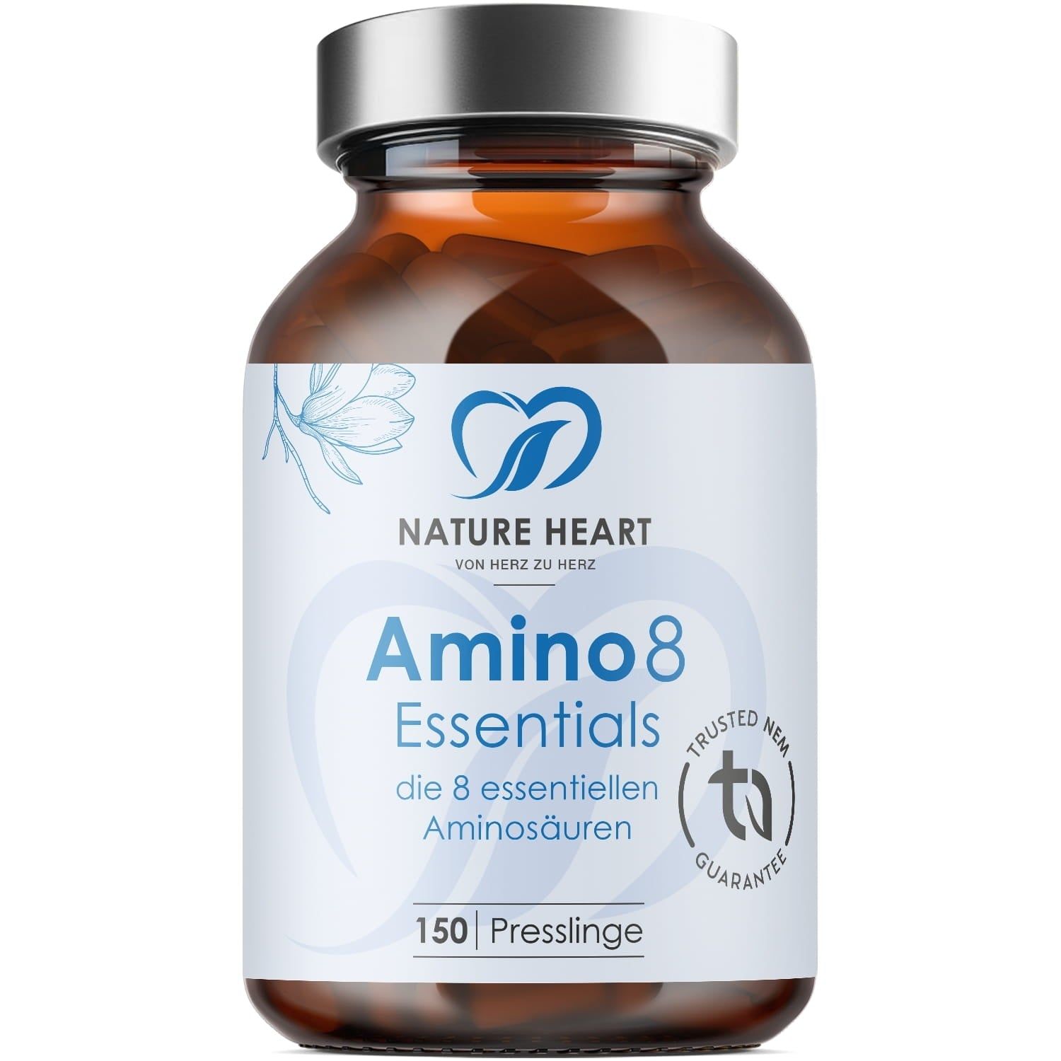 Braune Glasflasche mit weißen Etikett. Aufschrift: Amino 8 Essentials, 150 Presslinge. Logo: Herz mit Blättern. TÜV-Zertifizierung.
