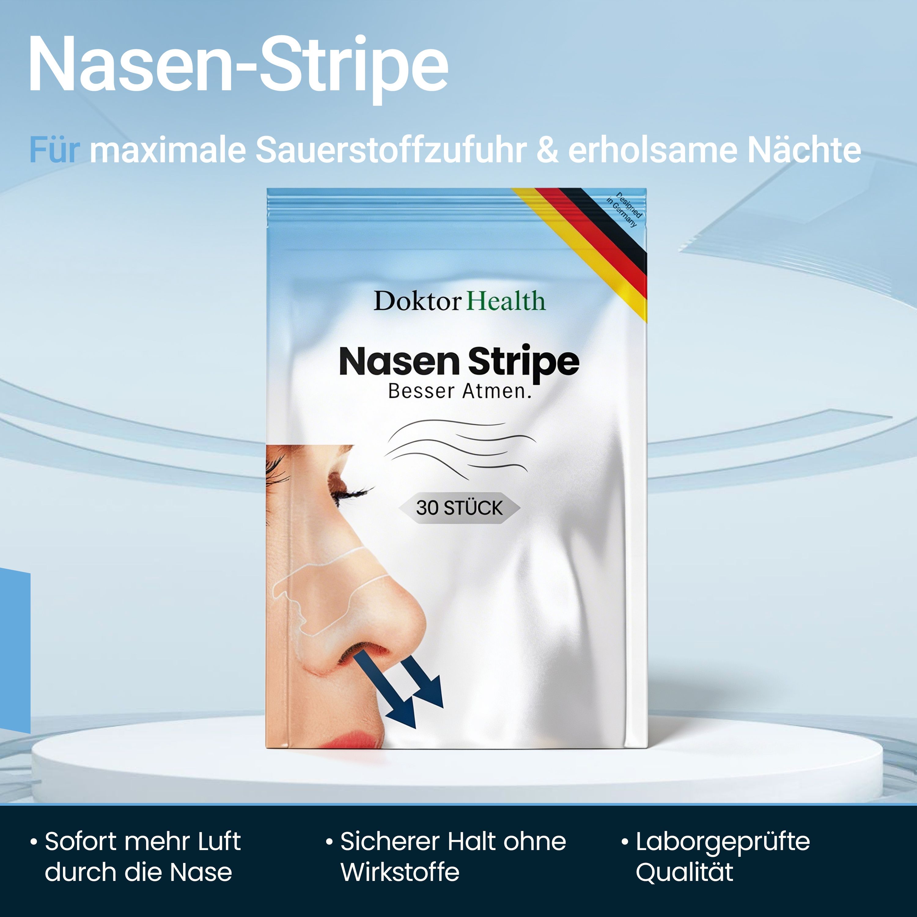 Verpackung mit Nasen-Stripes. Marke Doktor Health. 30 Stück. Illustration einer Nase mit Strip und Pfeilen. Text: Besser Atmen.