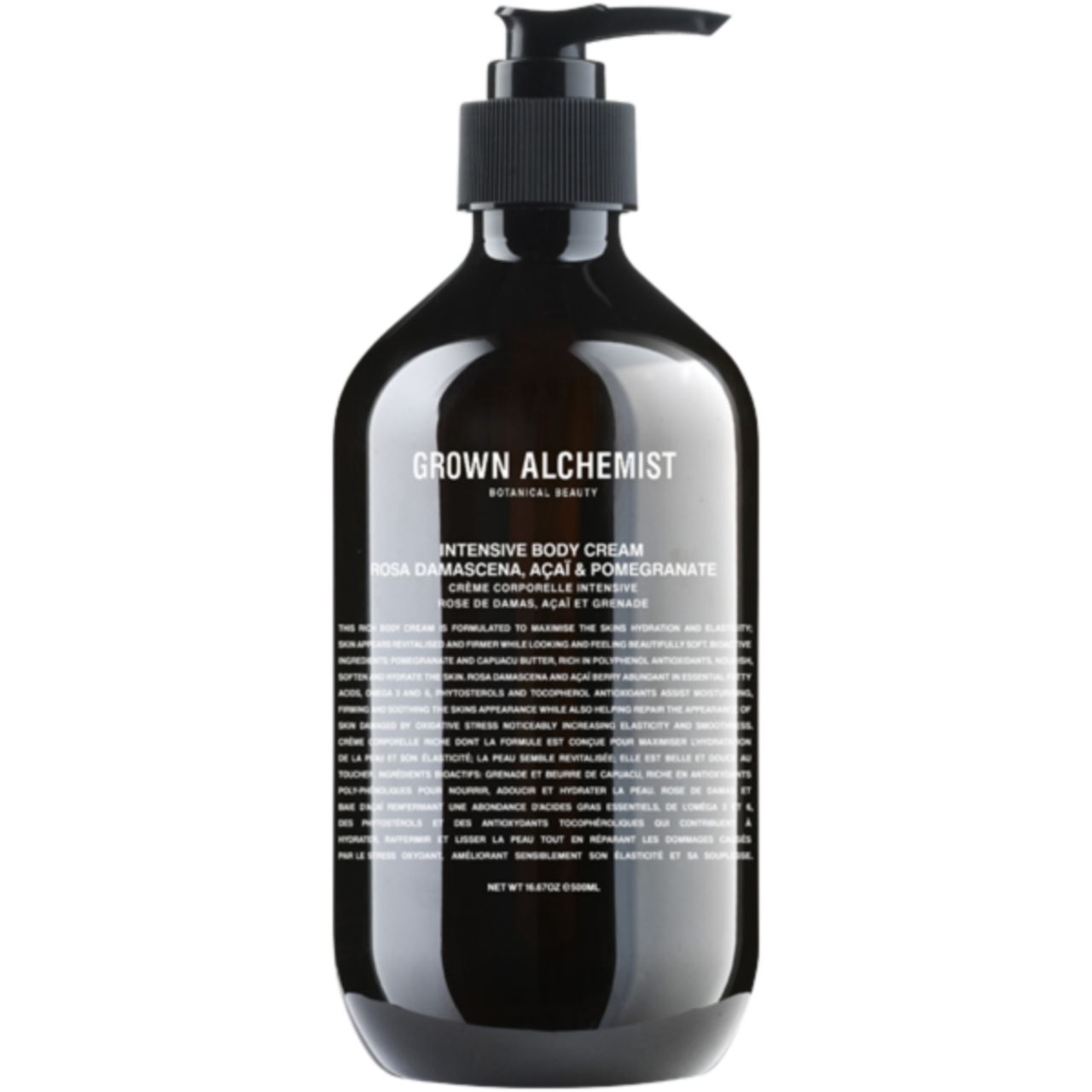 Dunkle Flasche mit schwarzem Pumpverschluss. Aufschrift: Grown Alchemist, Intensive Body Cream, Rosa Damascena, Acai & Pomegranate.