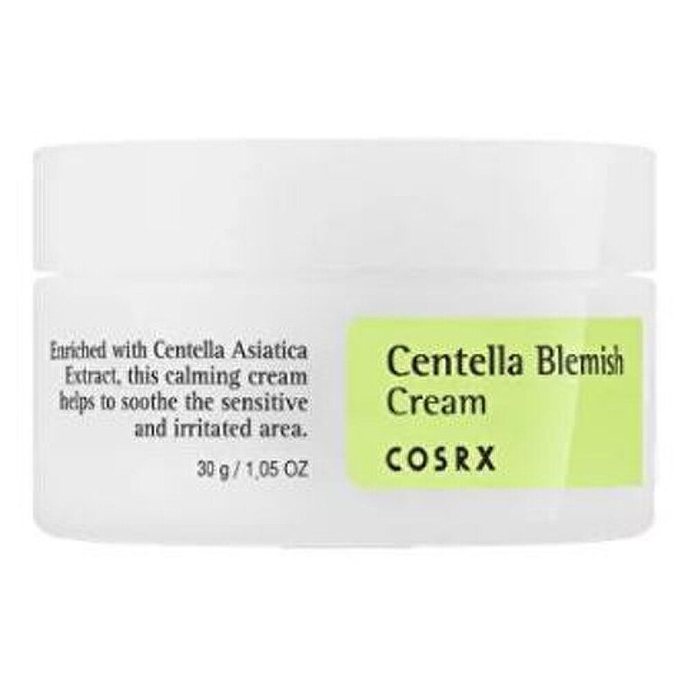 COSRX Centella Blemish Cream Tiegel, weiß mit grünem Etikett, auf weißem Grund.