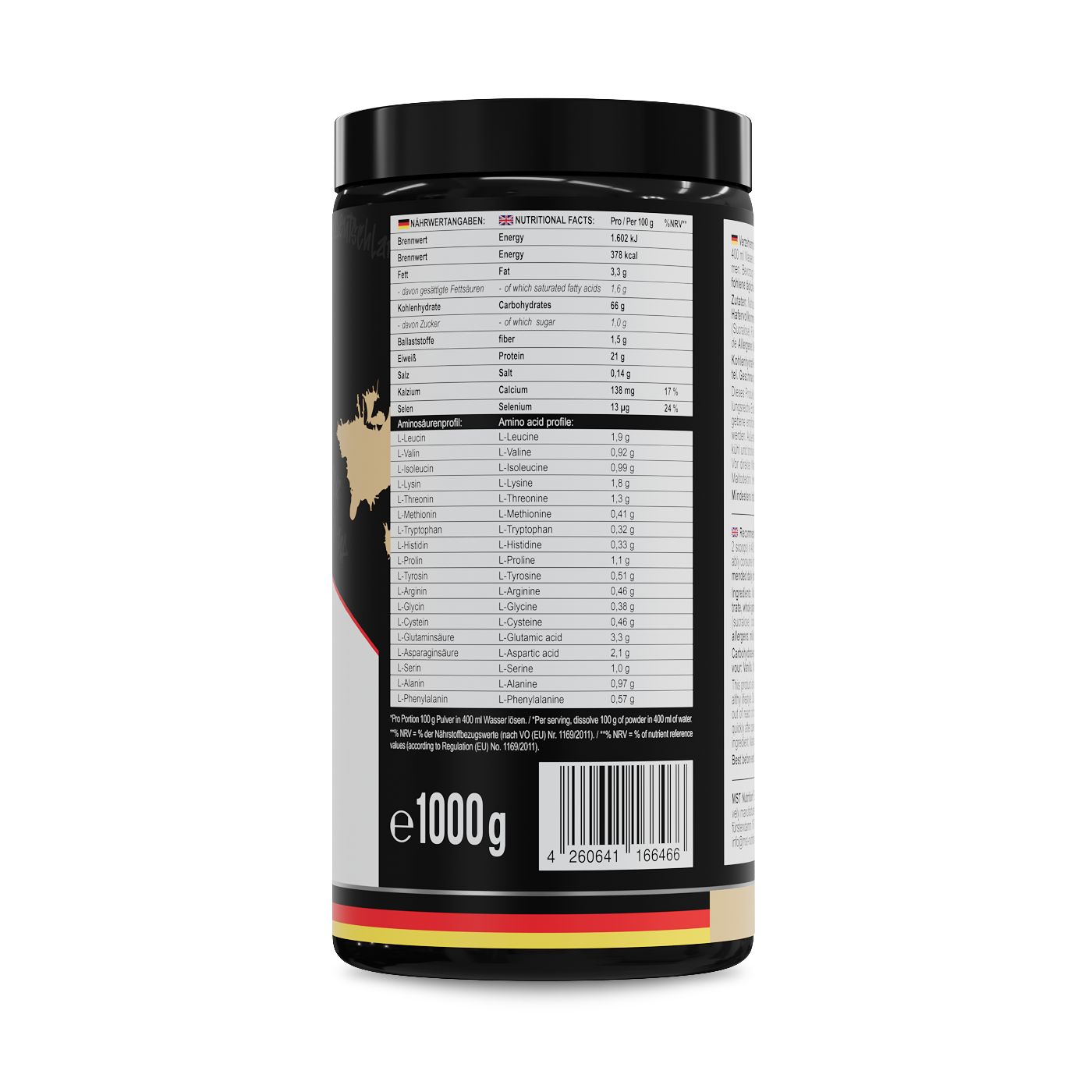Schwarzer Behälter mit Nährwertangaben und Aminosäureprofil. Enthält 1000g.