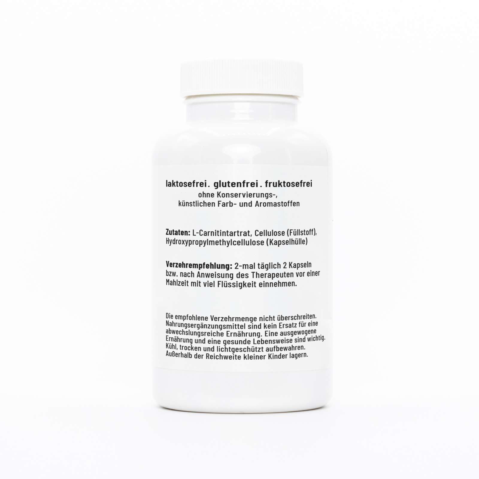 Rückseite der weißen Flasche. Text: laktosefrei, glutenfrei, fruktosefrei, ohne Konservierungsstoffe, künstliche Farb- und Aromastoffe.