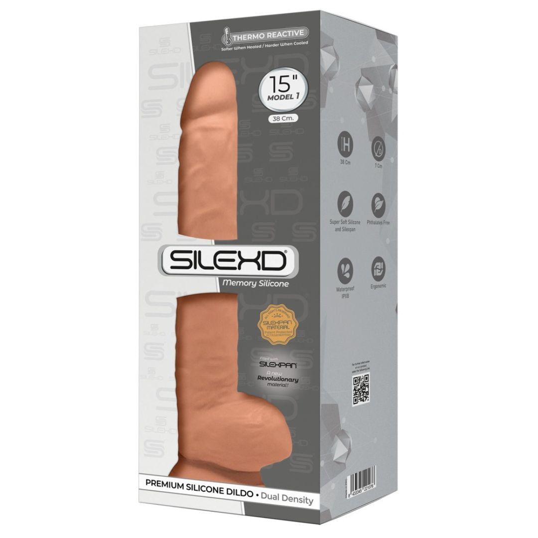 Verpackung mit abgebildetem Dildo. Text: SILEXD, Memory Silicone, 15" Model 7, Premium Silicone Dildo.