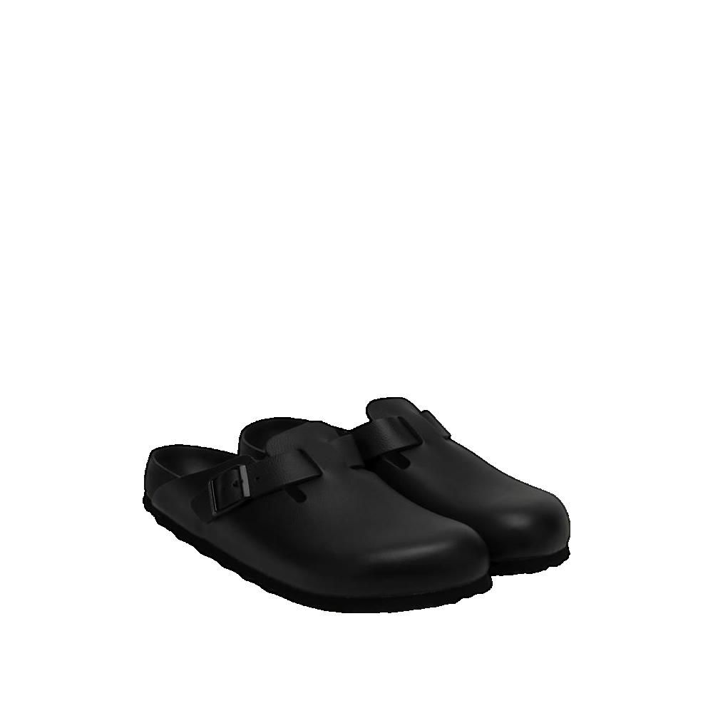 Zoccoli neri. Punta chiusa, cinturino con fibbia. Suola scolpita. Due scarpe affiancate.