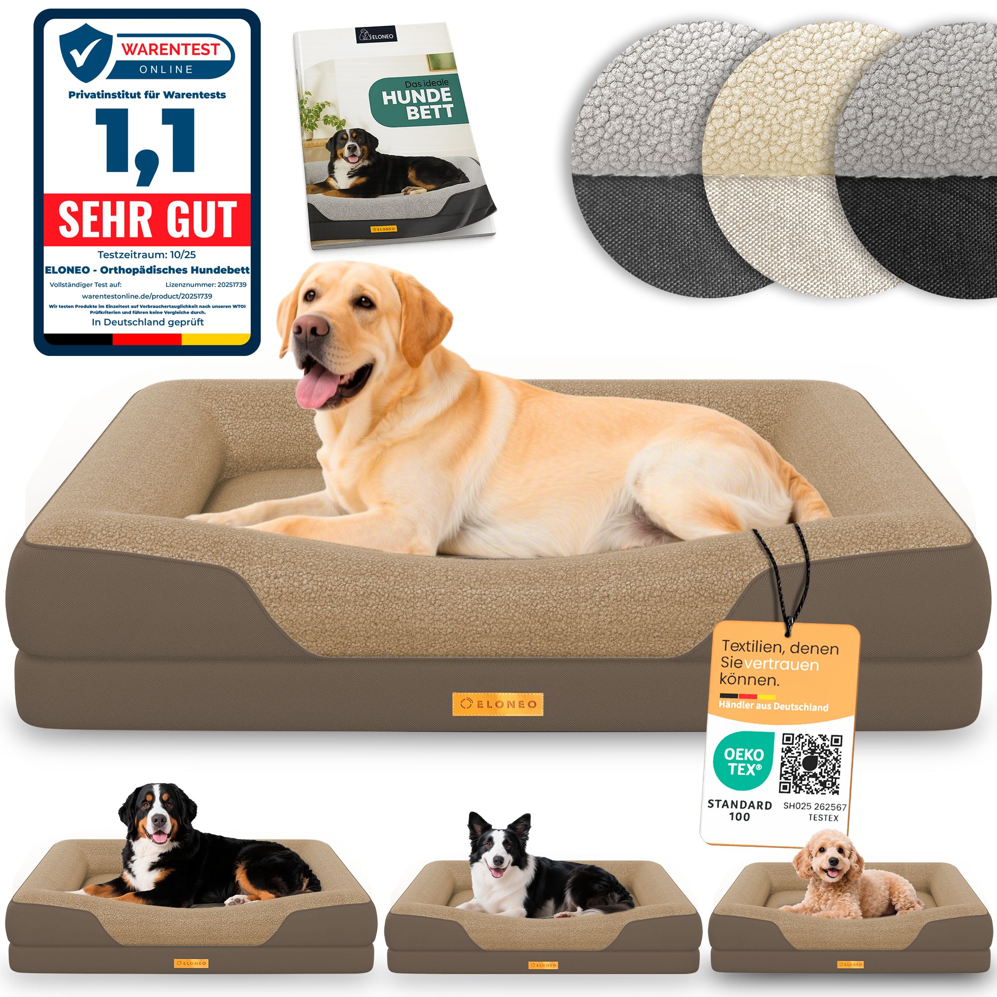 Hundebett, braun. Mit Hund. Logo, Text und Zertifizierungen. Drei weitere Hunde auf Betten in der Ecke.