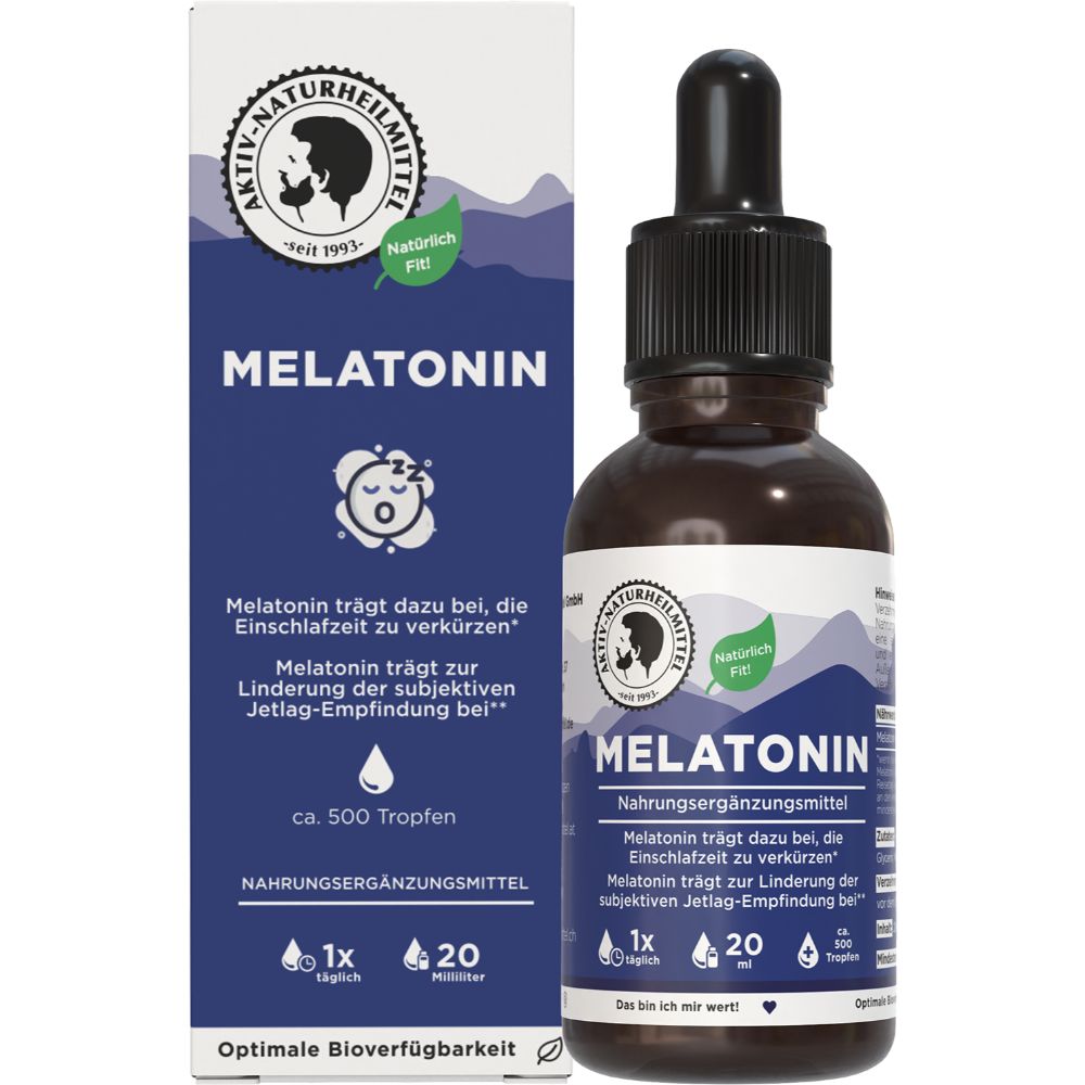 Braune Glasflasche mit schwarzem Tropfer. Etikett mit "Melatonin" und Logo. Blaue Verpackung mit Text.