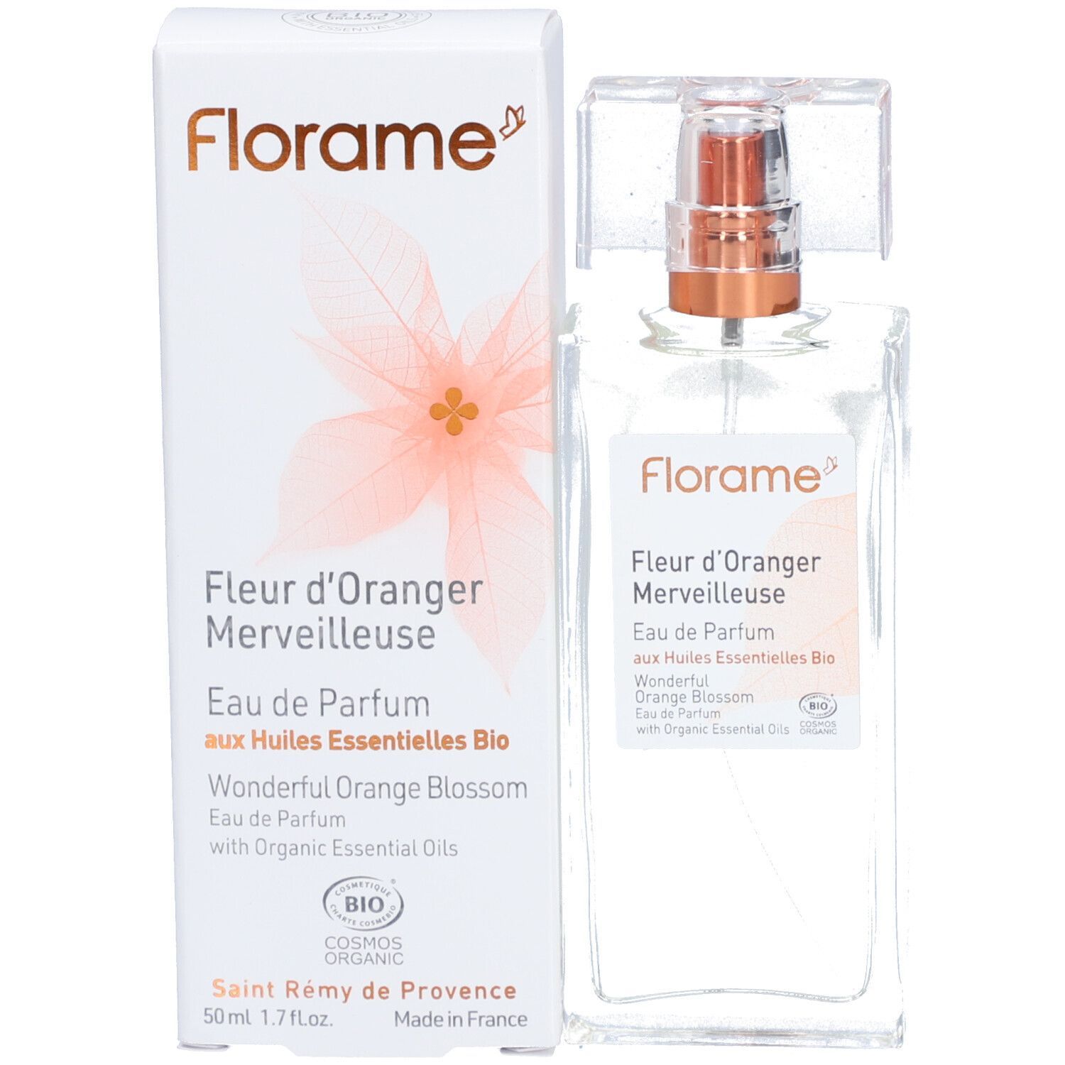 Florame Eau de Parfum mit Verpackung. Flakon mit Sprühkopf. Aufschrift: Fleur d'Oranger Merveilleuse, Eau de Parfum.