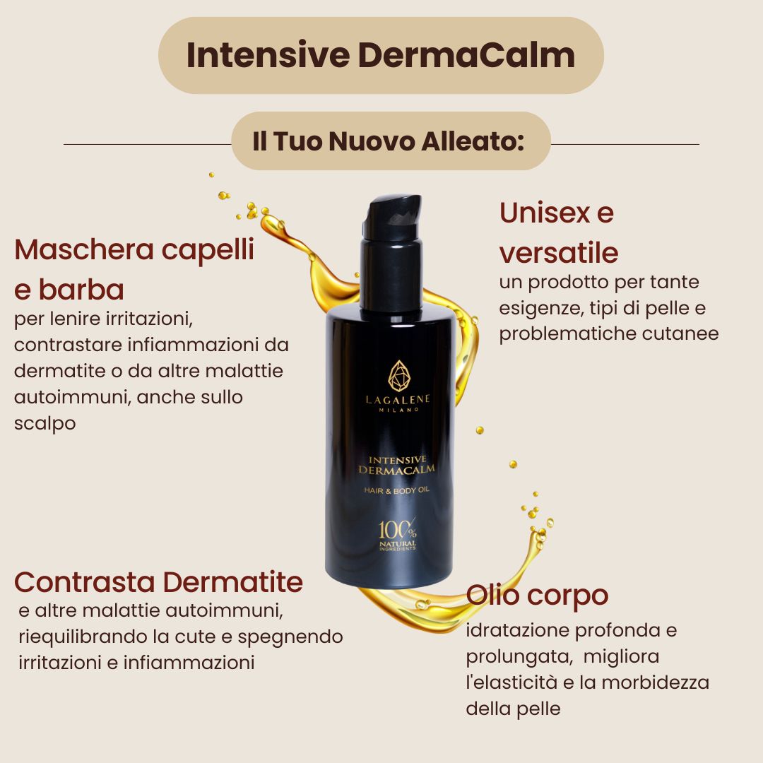 Produktflasche mit Text: Intensive DermaCalm. Textabschnitte in italienischer Sprache. Produktabbildung.