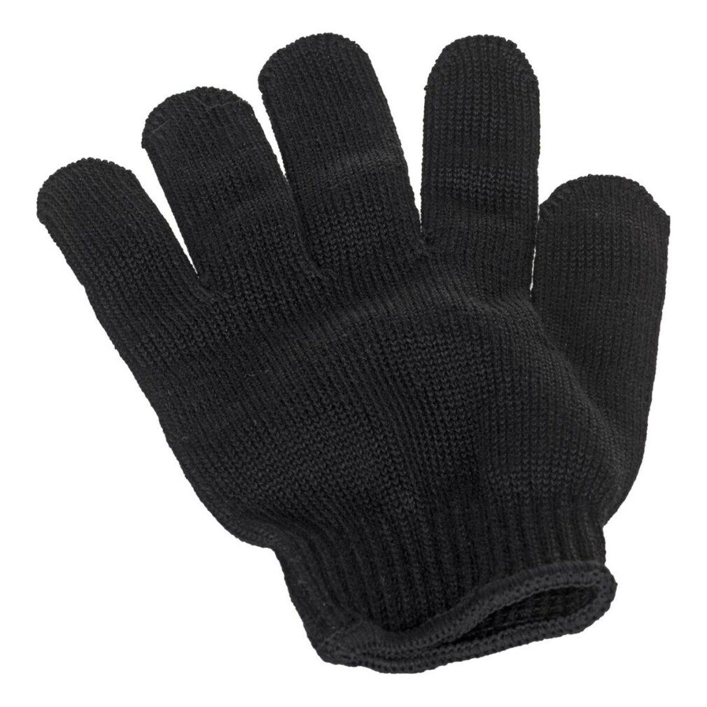 Schwarzer, gestrickter Handschuh mit fünf Fingern. Für den Schutz vor Hitze.