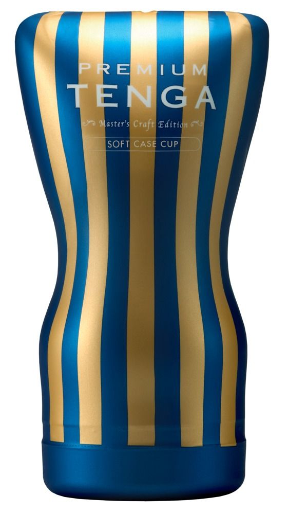 Blau-gold gestreiftes Cup-Produkt. Oben steht "PREMIUM TENGA", darunter "SOFT CASE CUP".