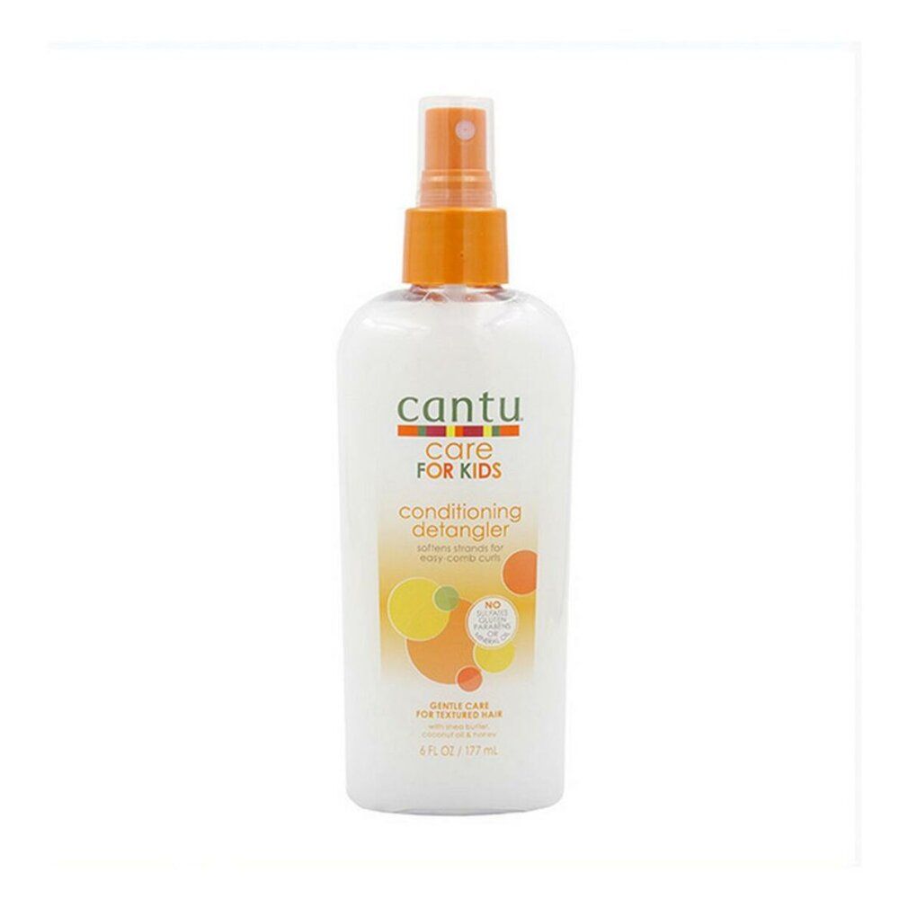 Weiße Sprühflasche mit orangefarbenem Sprühkopf. Etikett mit "cantu care FOR KIDS conditioning detangler" und bunten Kreisen.