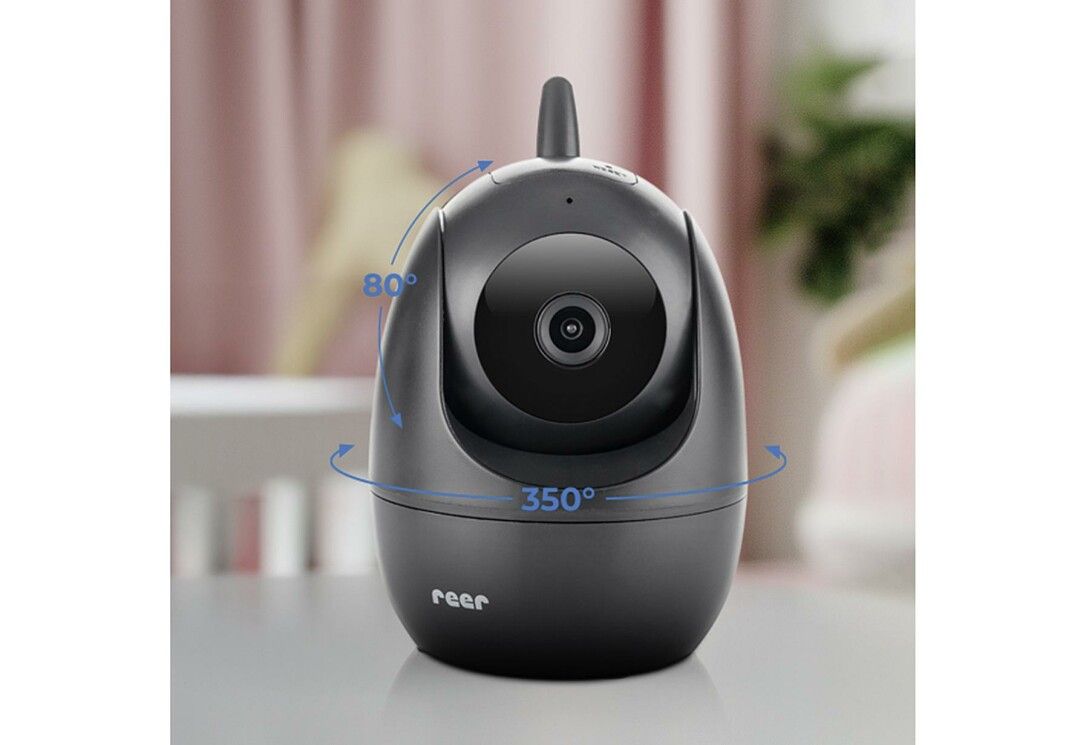 Schwarze BabyCam. Marke reer. Drehwinkel 80° und 350° angegeben.