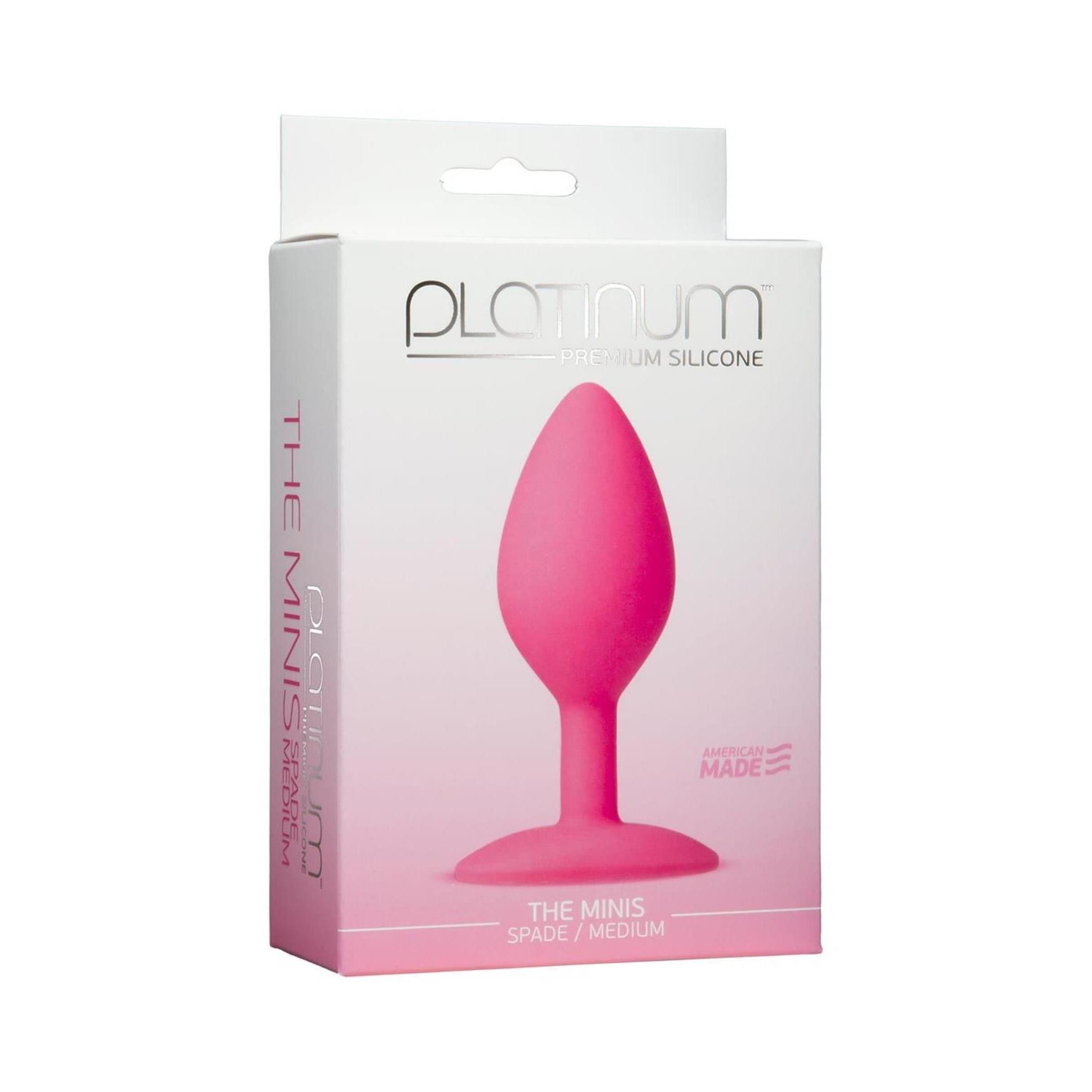 Rosa Butt Plug in Verpackung. Aufschrift: Platinum, The Minis, Spade/Medium. Aus Silikon.