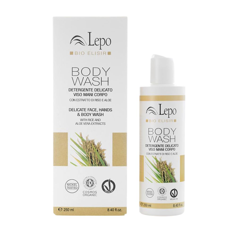 Flacone e scatola bianchi. Scritta: Lepo Body Wash, detergente delicato viso, mani e corpo. Certificazioni e logo.