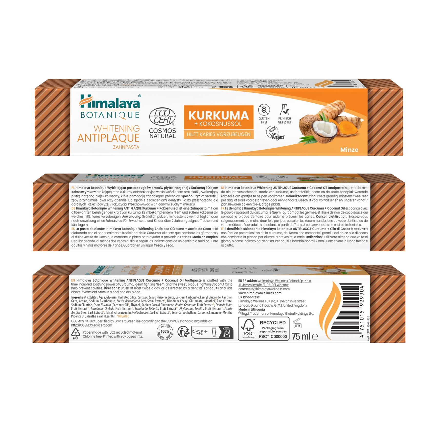 Verpackung der Zahnpasta mit Kurkuma und Kokosöl, Vorder- und Rückseite.