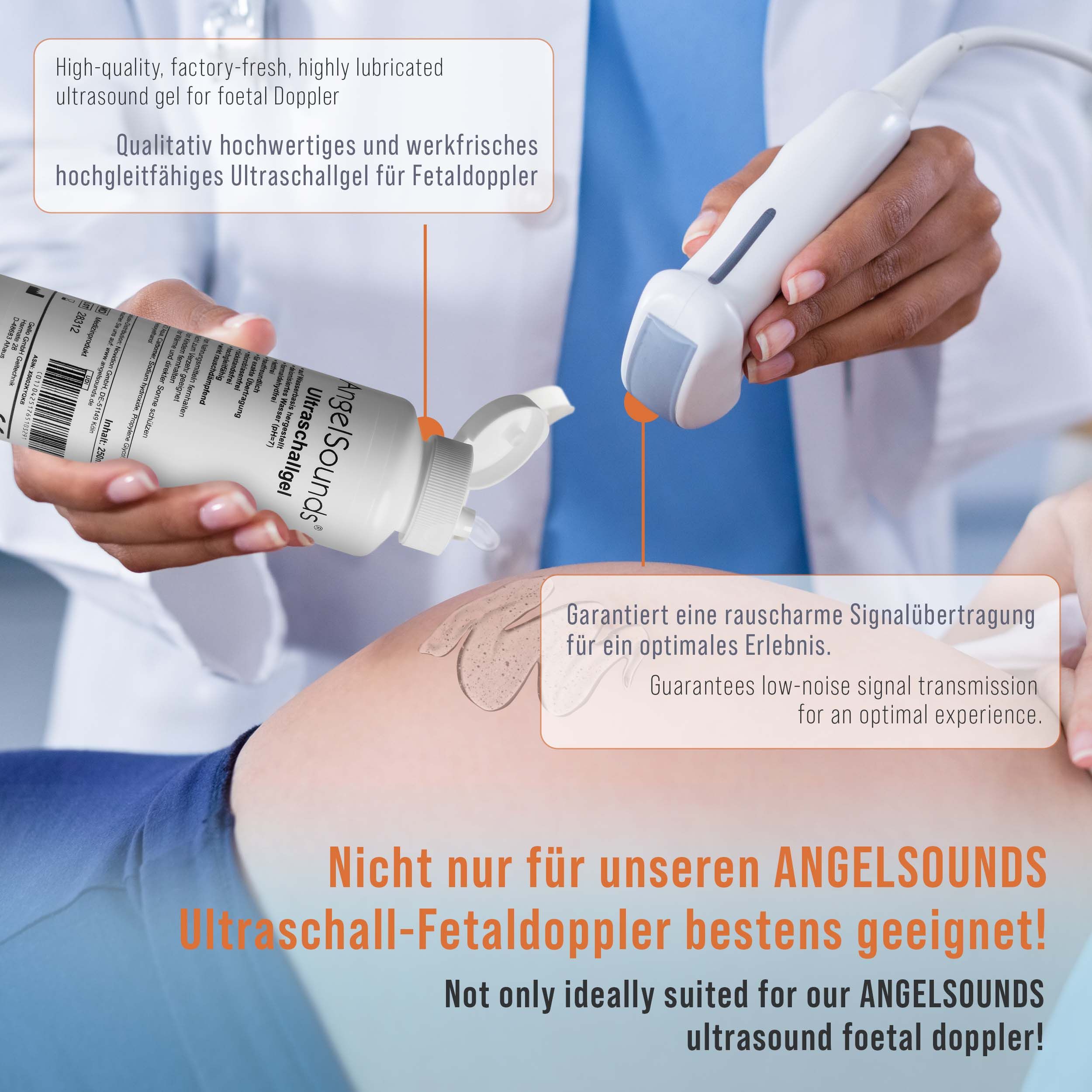 Person hält eine Flasche AngelSounds Ultraschallgel und ein Ultraschallgerät. Text: Qualitativ hochwertiges Ultraschallgel für Fetaldoppler.