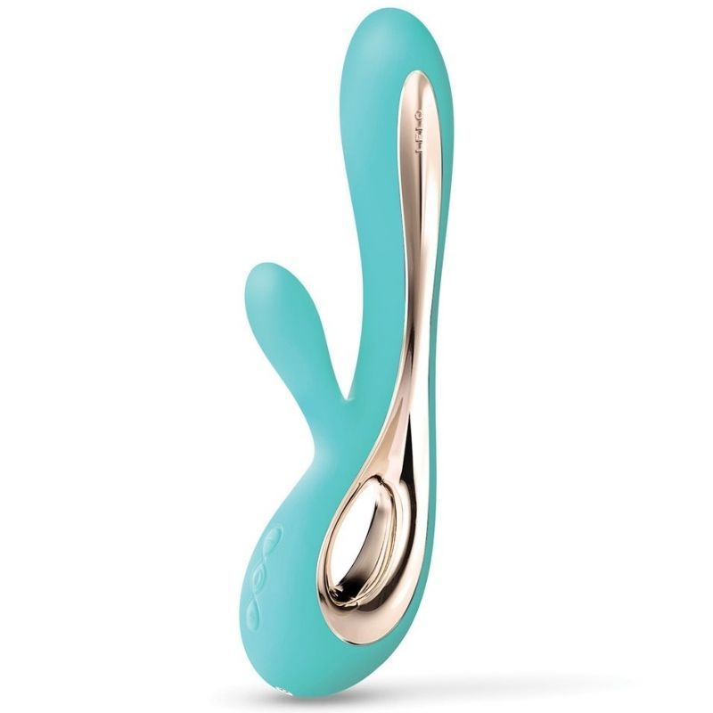 Türkisfarbener Vibrator mit goldfarbenen Akzenten. Ergonomisches Design.