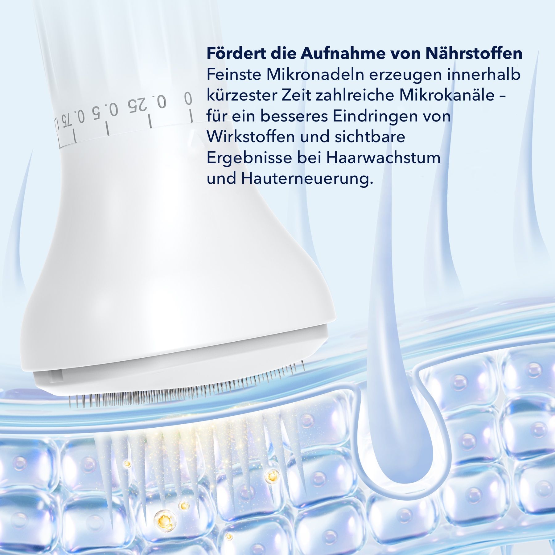 Nahaufnahme des Stempelkopfes mit Mikronadeln. Flüssigkeit wird freigesetzt. Fördert die Aufnahme von Nährstoffen. Für besseres Eindringen von Wirkstoffen.