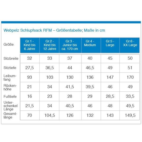 Größentabelle für Webpelz Schlupfsack. Tabellarische Darstellung mit Größenangaben in cm.