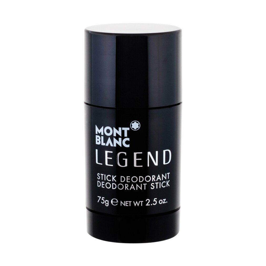 Schwarzer Montblanc Legend Deodorant Stick mit weißem Deckel. Produktname und Logo sichtbar. Gewicht: 75g.