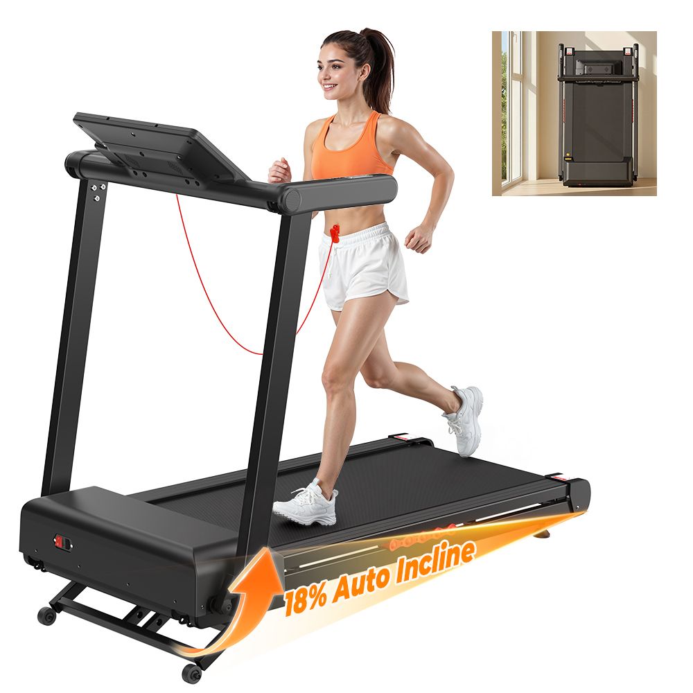 Schwarzes, klappbares Laufband mit Frau beim Laufen. 18% Auto Incline-Anzeige. Gefaltetes Laufband im Hintergrund.