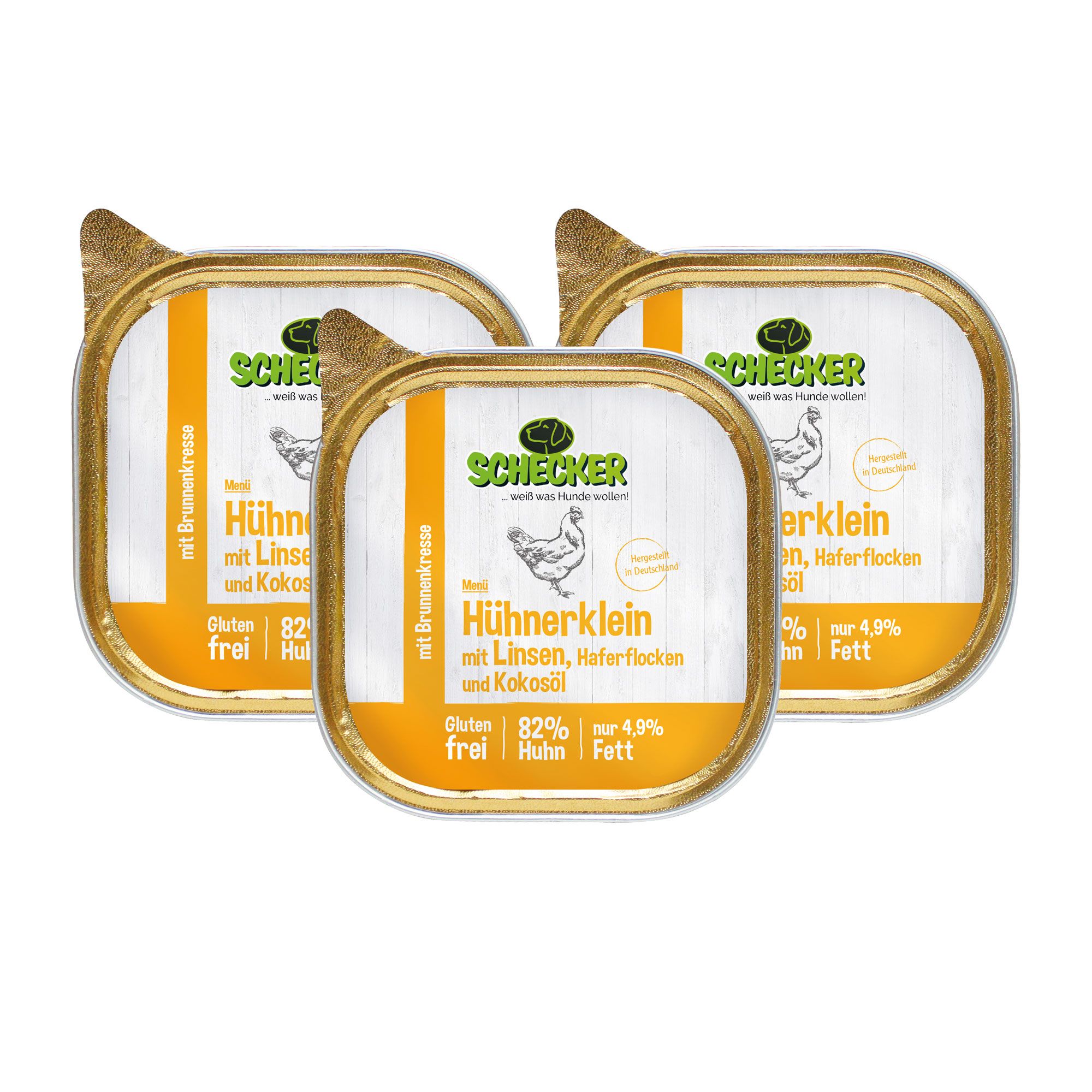 Drei Schalen Hühnerklein mit Linsen, Haferflocken und Kokosöl. Marke Schecker. Glutenfrei. 82% Huhn, 4,9% Fett.