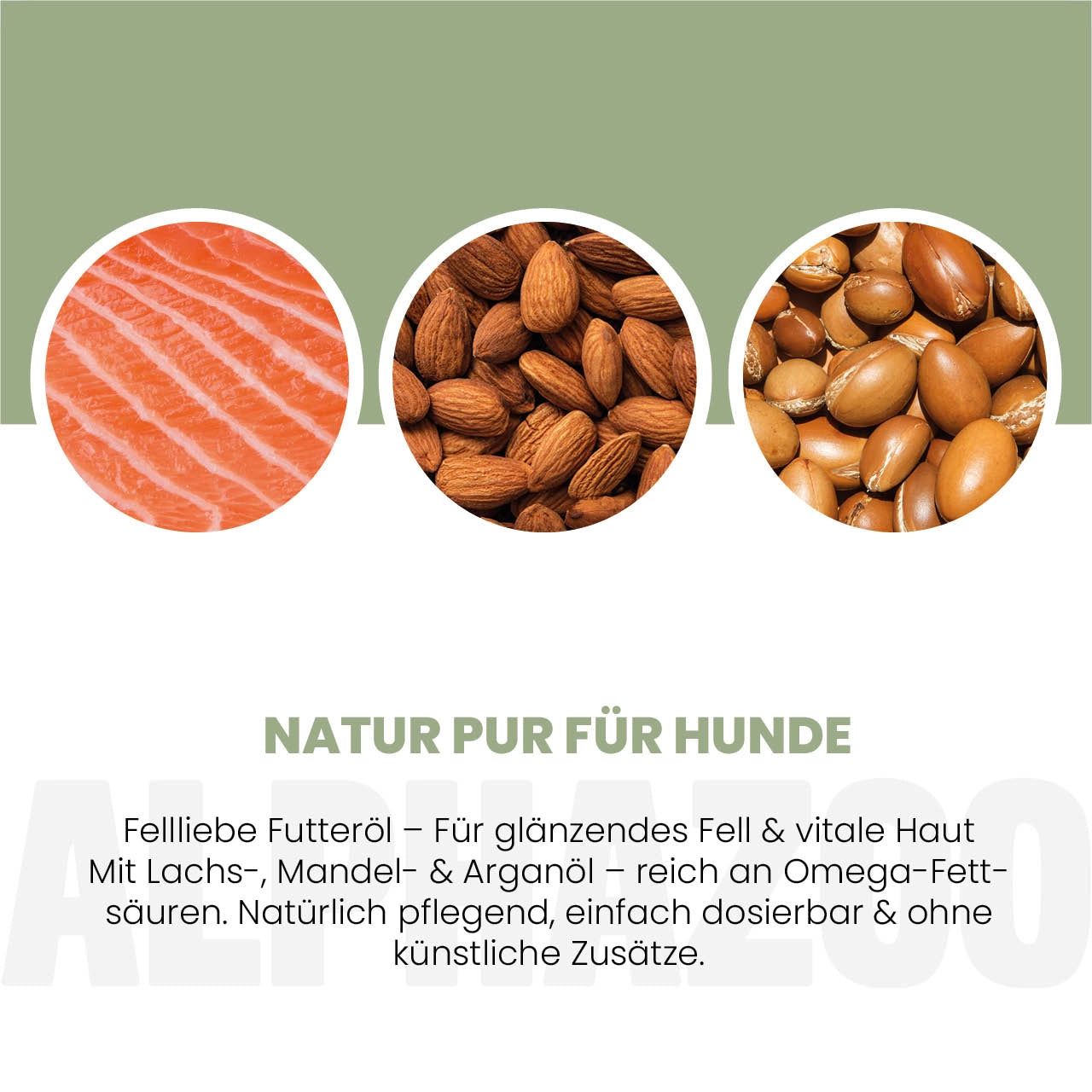 Drei Kreise mit Lachs, Mandeln und Arganöl. Text: Natur pur für Hunde. Fellliebe Futteröl mit Omega-Fettsäuren.