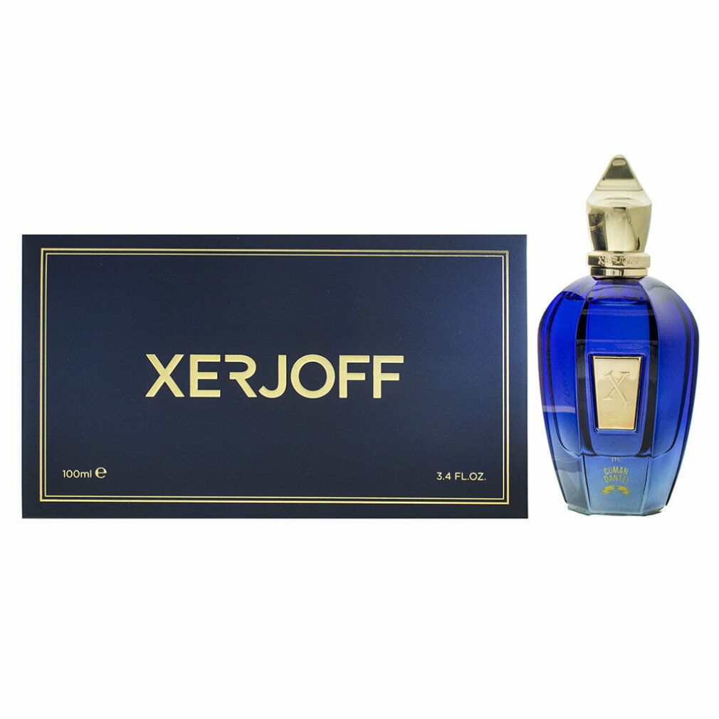 Blaues Parfümflakon und Schachtel. Goldfarbene Schriftzüge: XERJOFF, 100ml, 3.4 FL.OZ. Flakon mit goldfarbenem Verschluss.