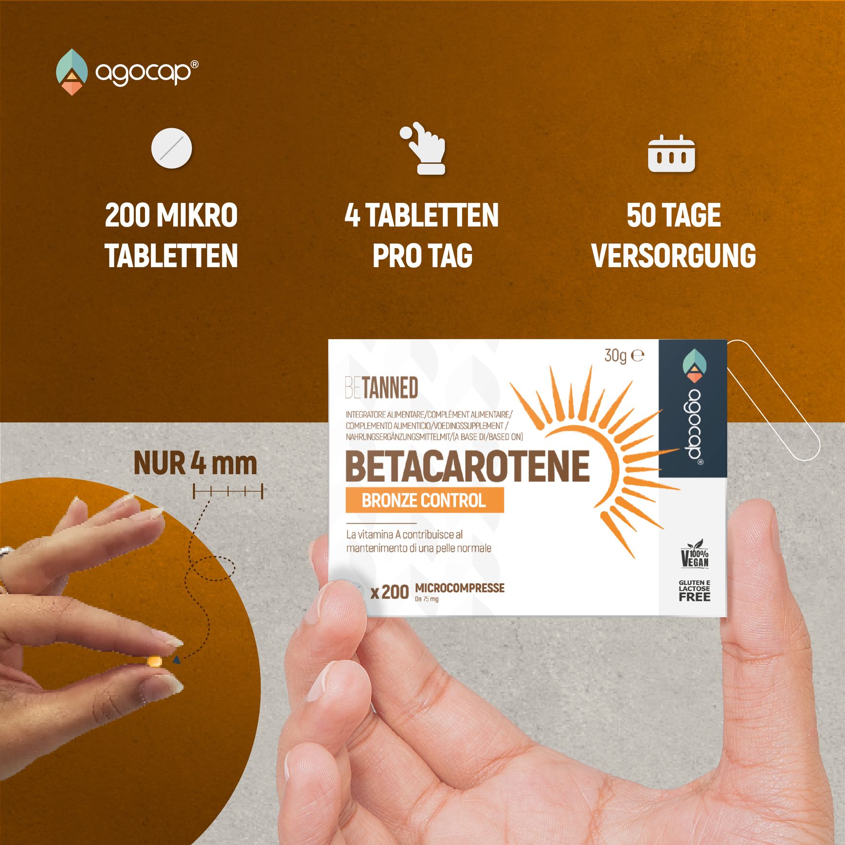 Nahaufnahme einer Tablette. Text: 200 Mikrokapseln, 4 Tabletten pro Tag, 50 Tage Versorgung. Produktverpackung.