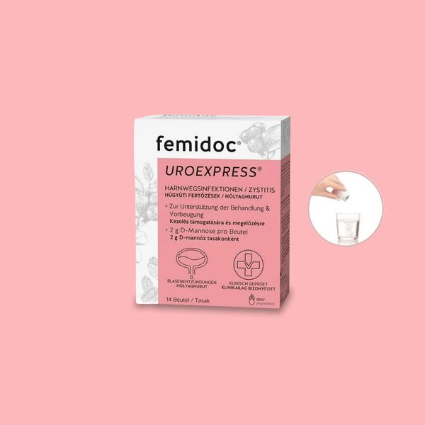femidoc® UROEXPRESS® Packung. Rosa-weiße Schachtel mit Produktinformationen und Logo. 14 Beutel.