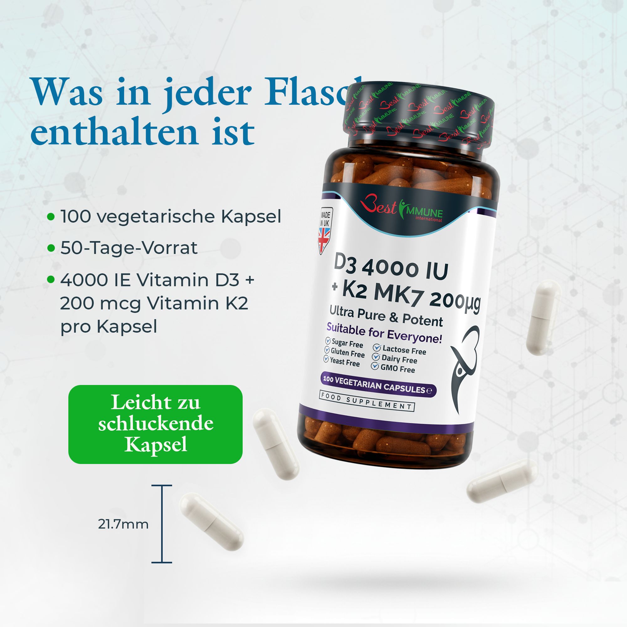 Flasche D3 + K2 MK7 Kapseln, 100 Kapseln, 50 Tage Vorrat, 4000 IE D3, 200 mcg K2.
