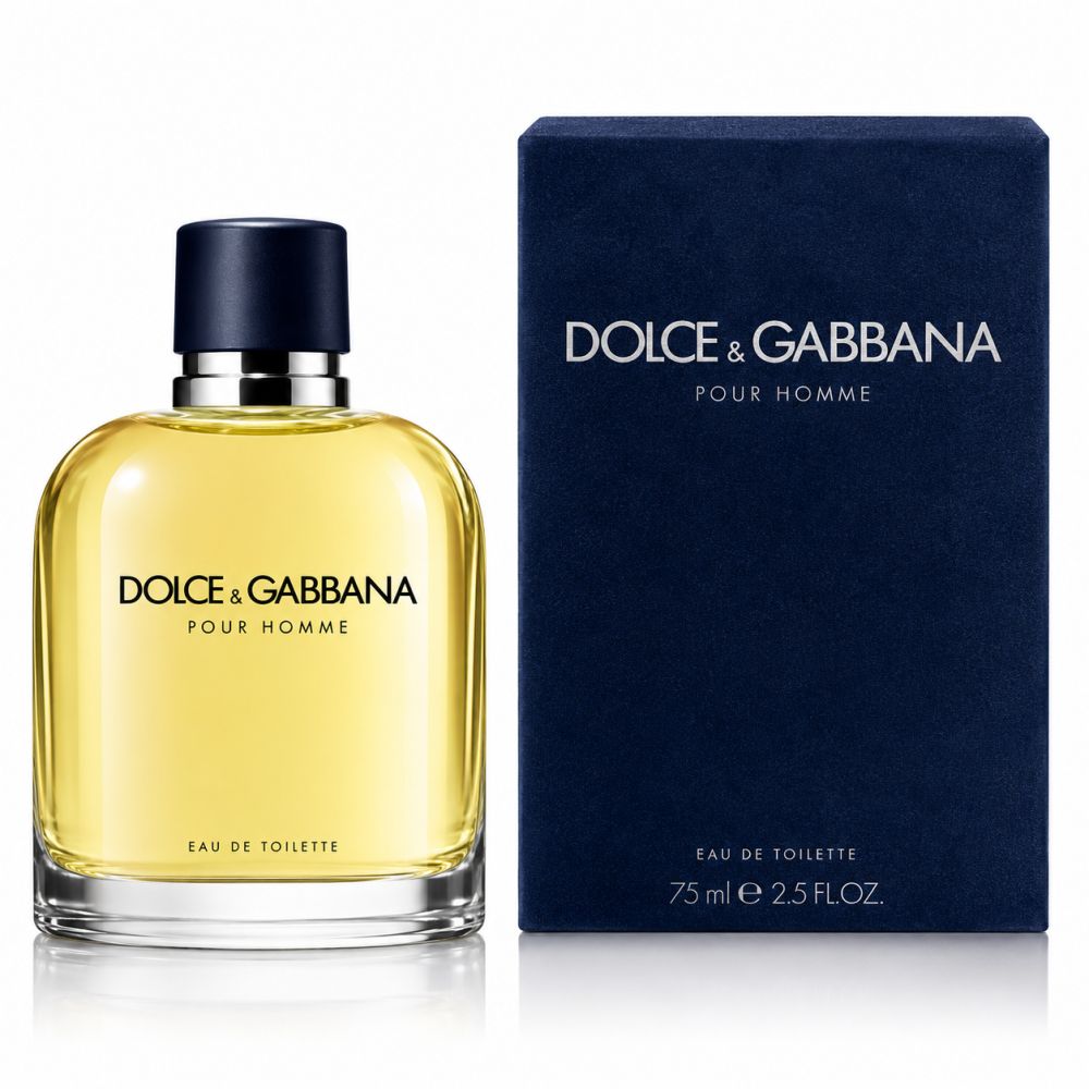 Dolce & Gabbana Pour Homme Eau de Toilette Flasche und dunkelblaue Box.