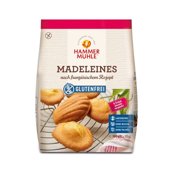 Verpackung von Hammermühle Madeleines glutenfrei. Aufschrift: Madeleines nach französischem Rezept, glutenfrei. 6 Stück einzeln verpackt.