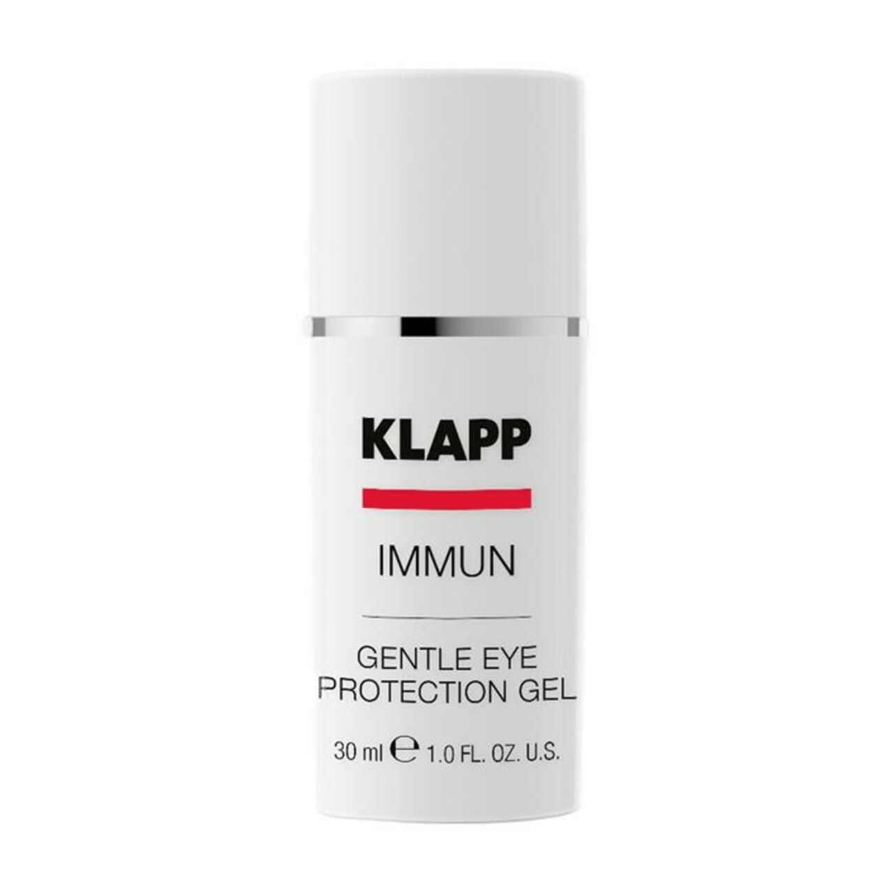 Weißer Zylinder mit silbernem Ring. Schwarzer Schriftzug: KLAPP, IMMUN, Gentle Eye Protection Gel. Roter Strich. 30 ml.