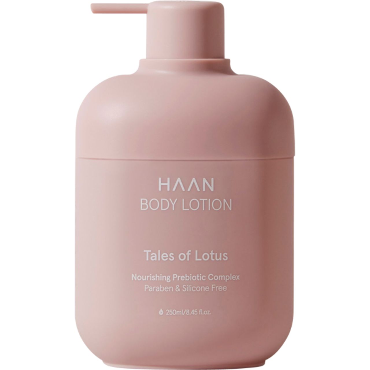 Rosa Lotion-Flasche mit Spender. Aufschrift: HAAN BODY LOTION, Tales of Lotus. Enthält Informationen über Inhaltsstoffe und Zertifizierungen.