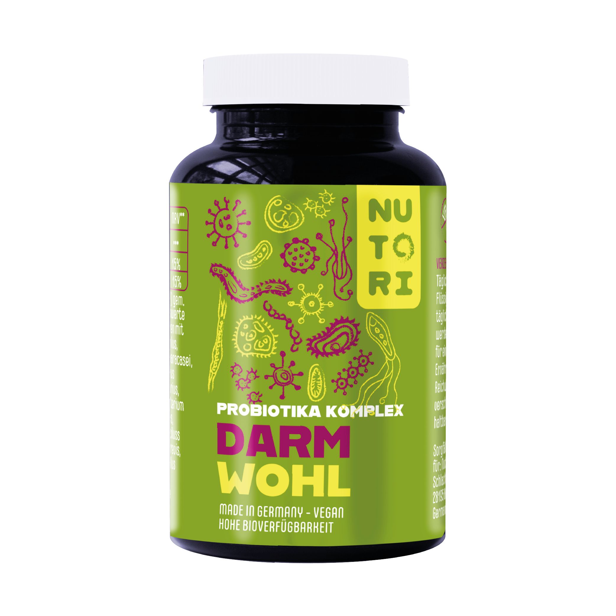 Dunkle Flasche mit grünem Etikett. Aufschrift: Nutori, Probiotika Komplex, Darm Wohl. Made in Germany, vegan, hohe Bioverfügbarkeit.